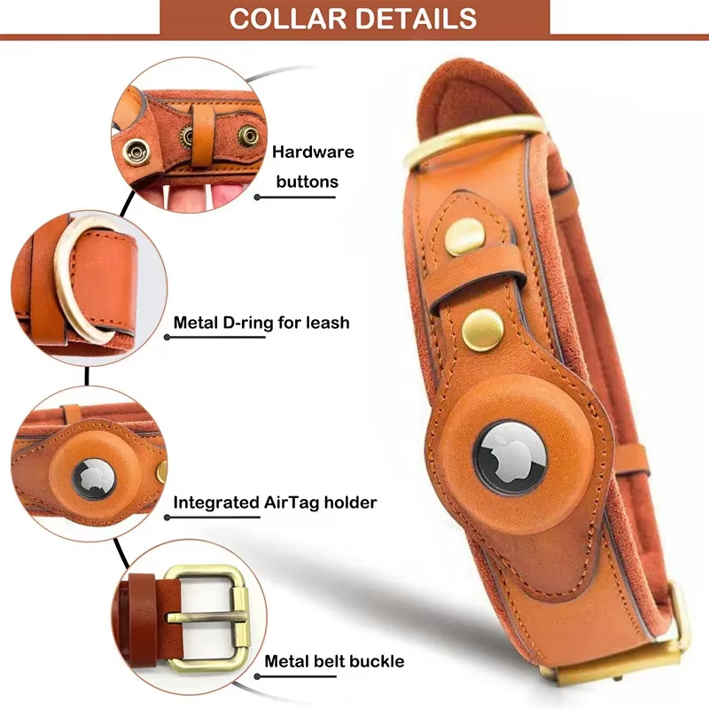 Pawfect find Heavy Duty Leather Dog Collar with Airtag Pocket - Tan