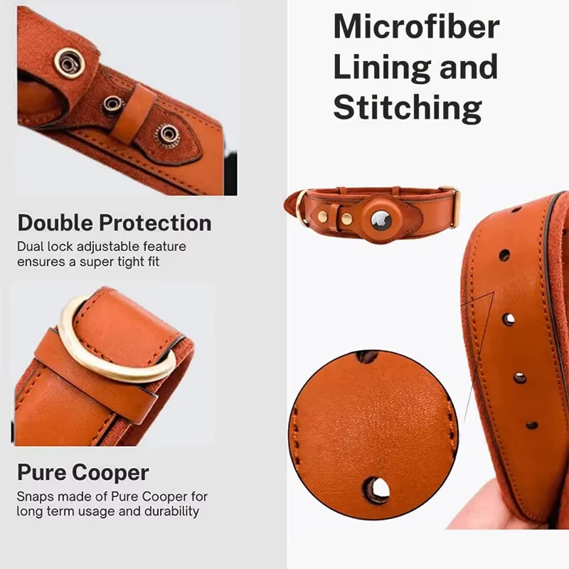 Pawfect find Heavy Duty Leather Dog Collar with Airtag Pocket - Tan