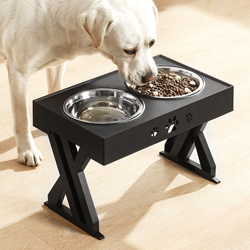 Elevated Pet Feeder Food Water Double Bowl Adjustable Height Raised Stand - Black