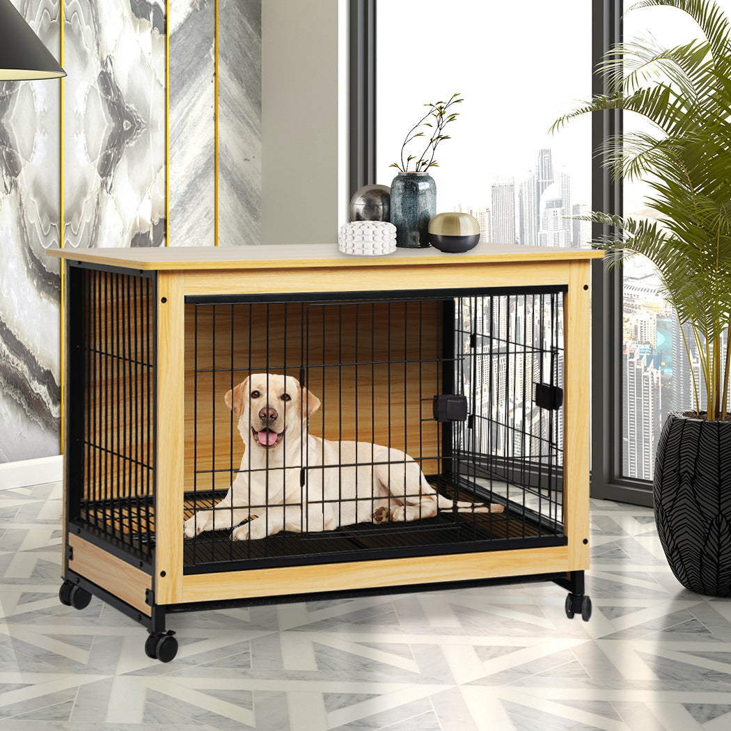 Wooden Wire Dog Kennel Side End Table Steel Puppy Crate Indoor Pet House XL - Wood XL