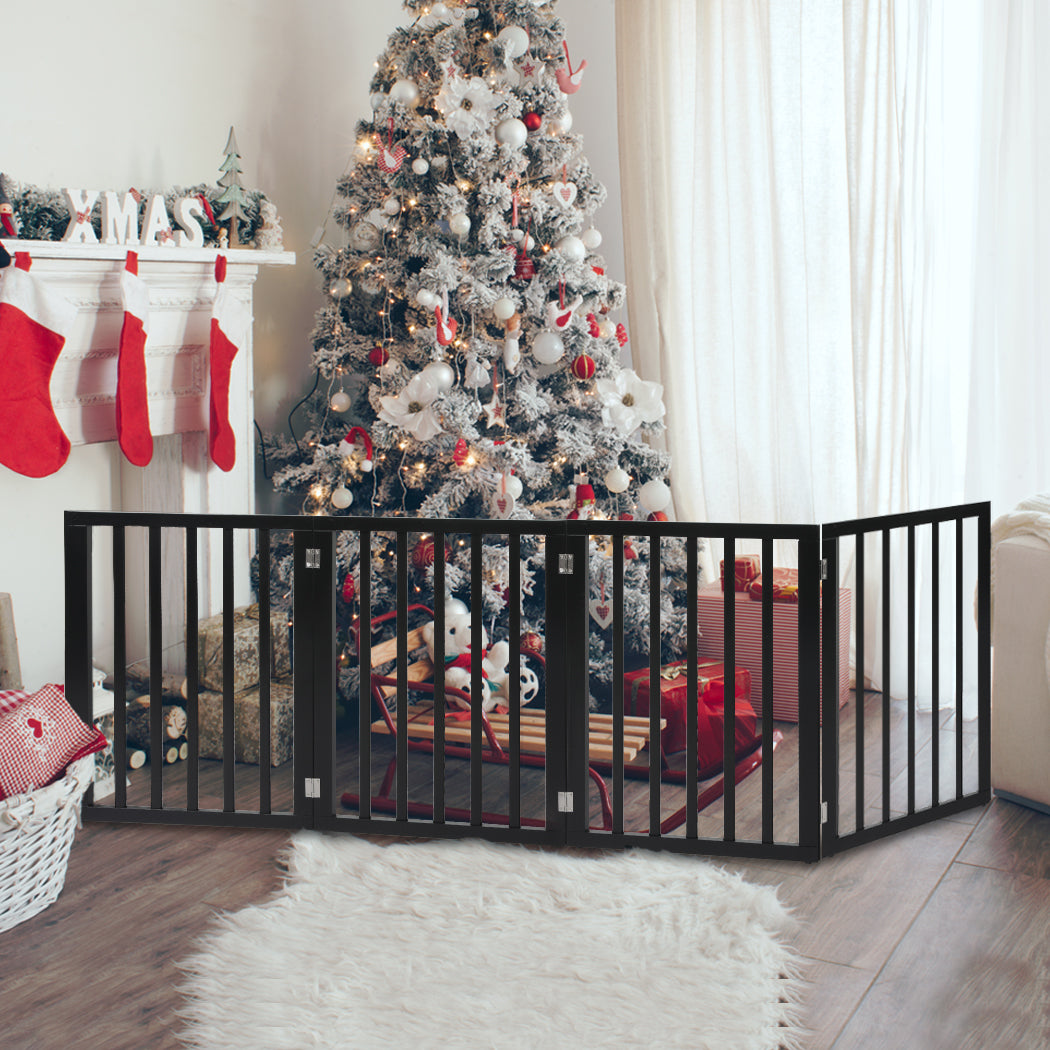 4 Panels Wooden Pet Gate Dog Fence Safety Stair Barrier Security Door Black