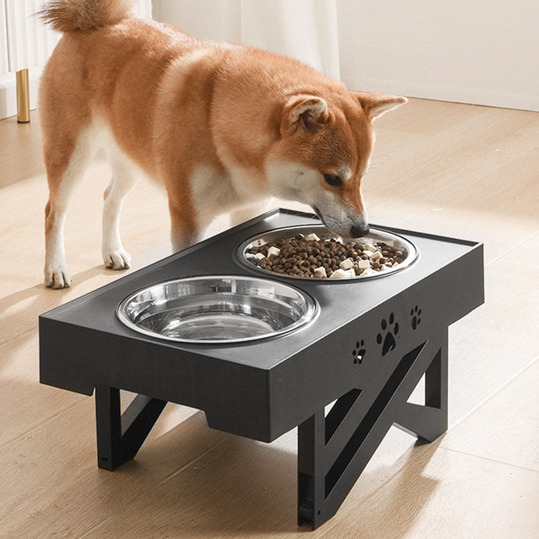 Elevated Pet Feeder Food Water Double Bowl Adjustable Height Raised Stand - Black
