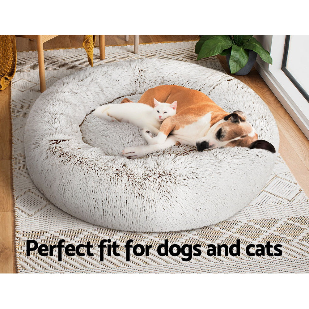 Pawfect find Large Calming Plush Dog and Cat Bed - White with Brown Accents