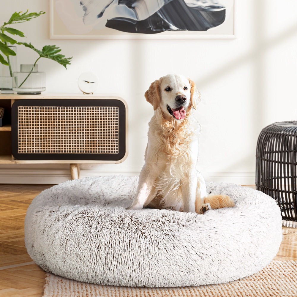 Pawfect find Large Calming Plush Dog and Cat Bed - White with Brown Accents