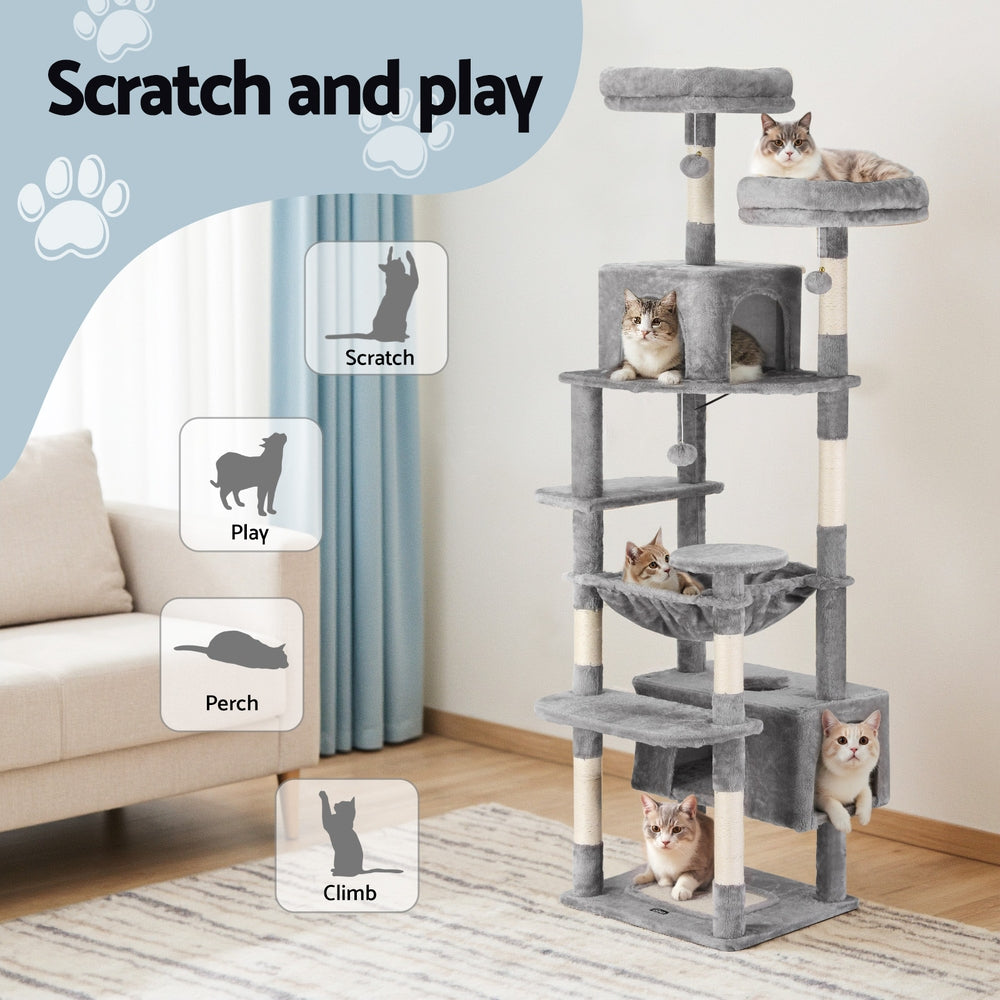 Cat Tree 184cm Tower Scratcher Condo House Light Grey