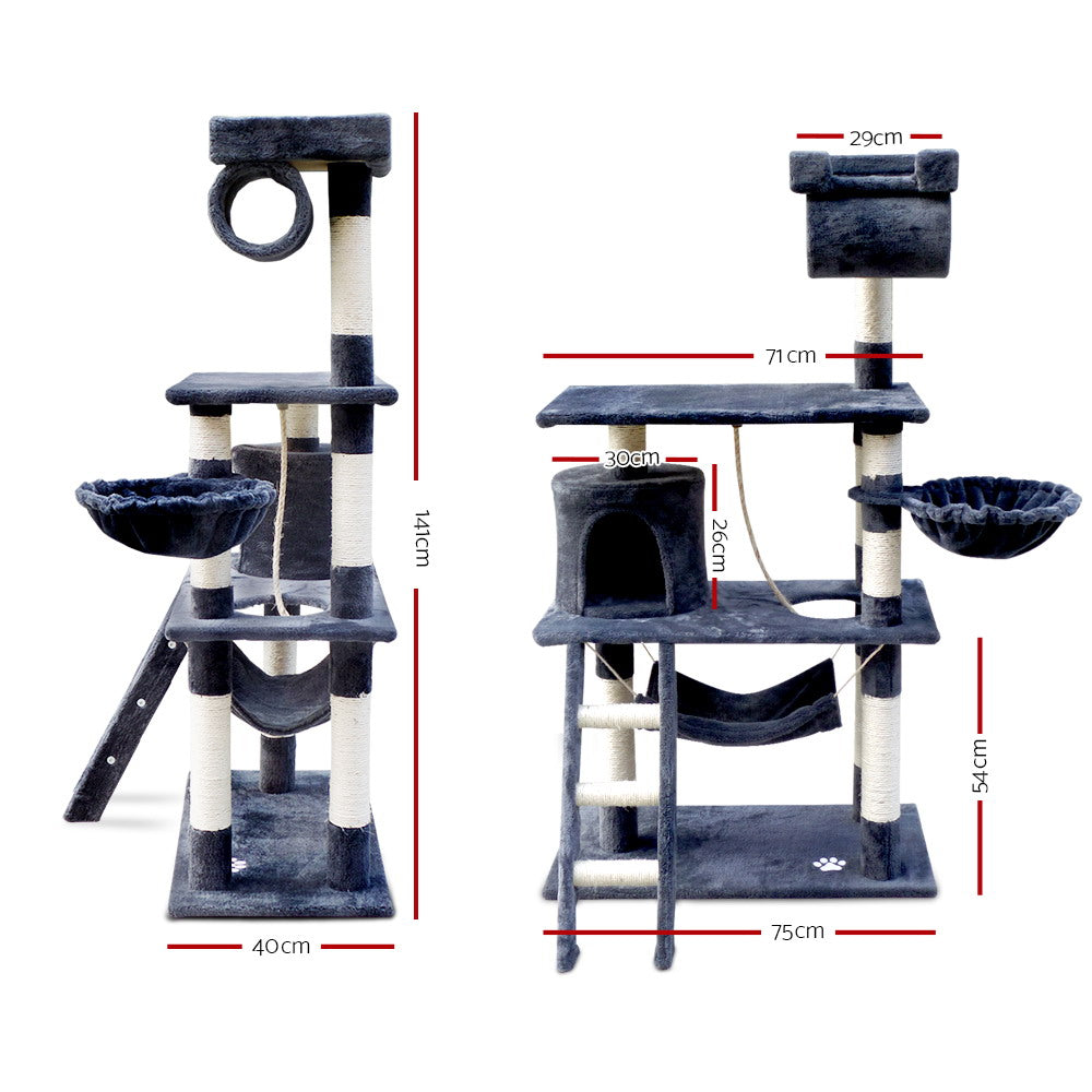 Cat Tree 141cm Trees Scratching Post Scratcher Tower Condo House Furniture Wood - Dark Grey