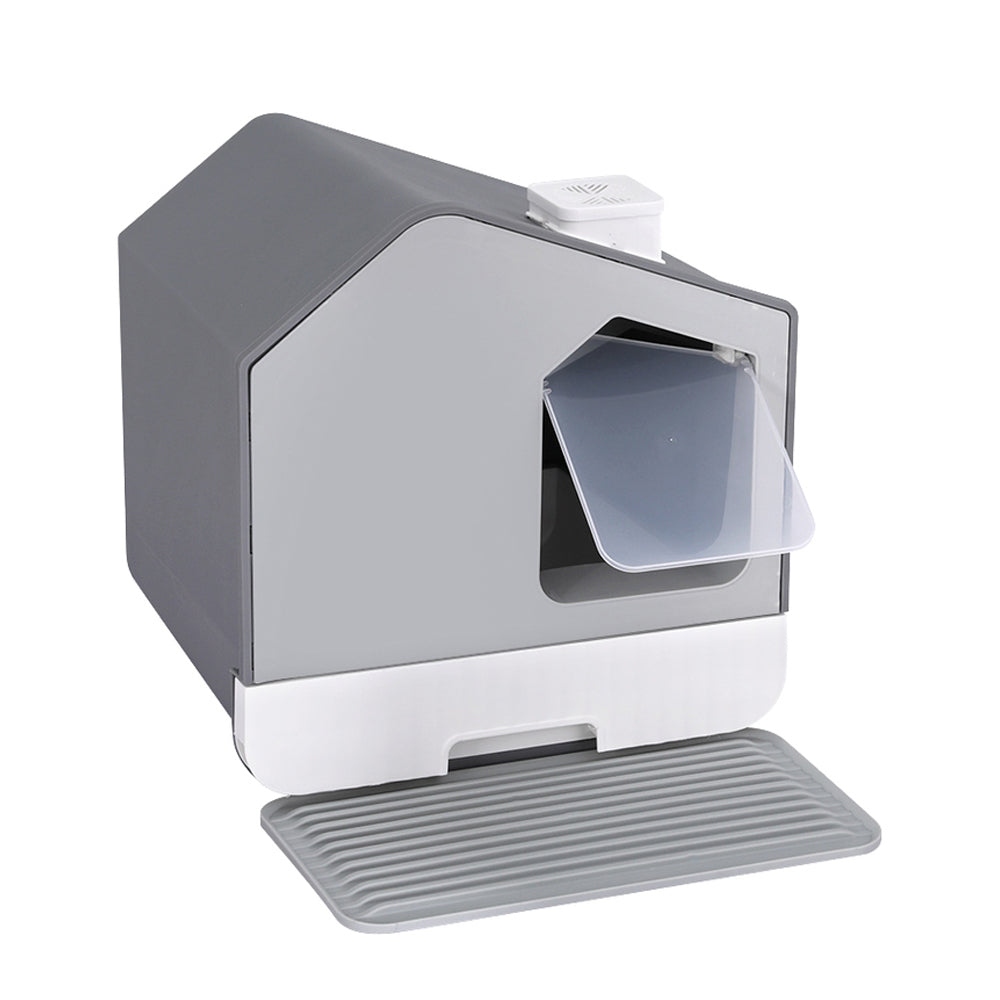 Cat Litter Box Large Tray Kitty Toilet Fully Enclosed House Hooded Scoop Mat - Grey