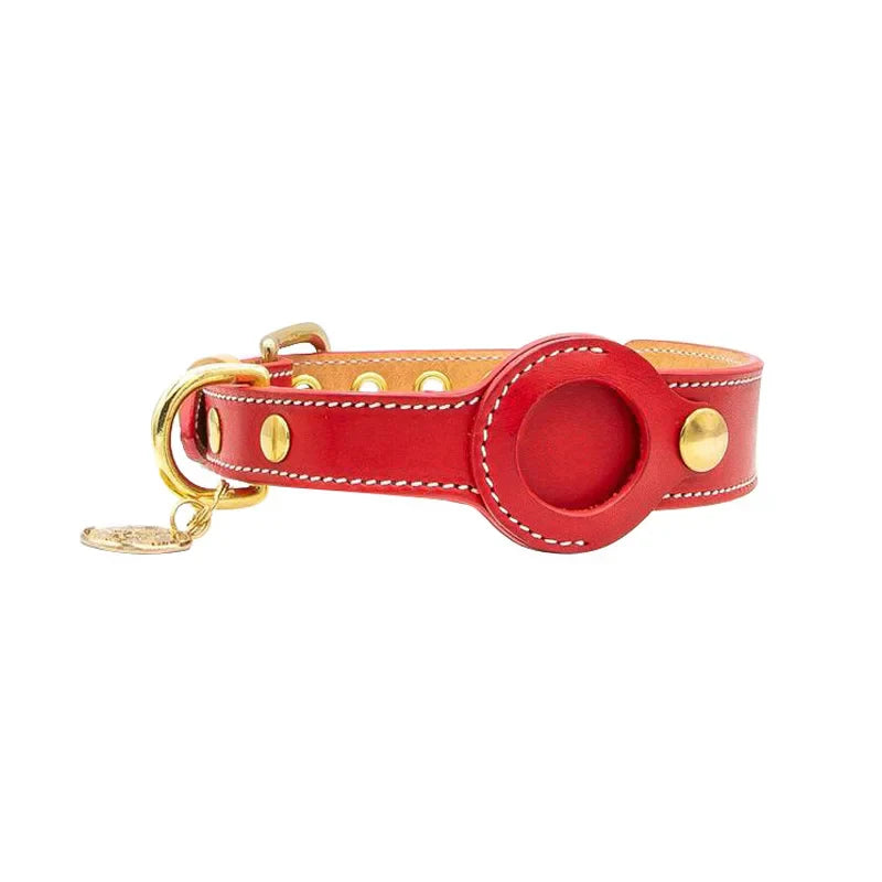 Pawfect find Luxury Red Leather Dog Collar with AirTag Pocket