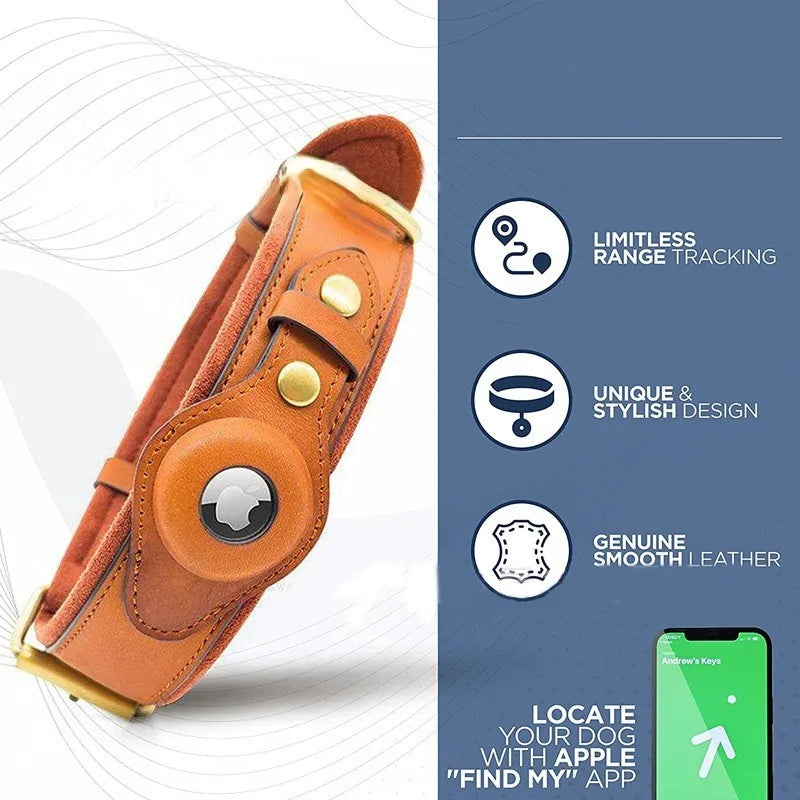 Pawfect find Heavy Duty Leather Dog Collar with Airtag Pocket - Tan