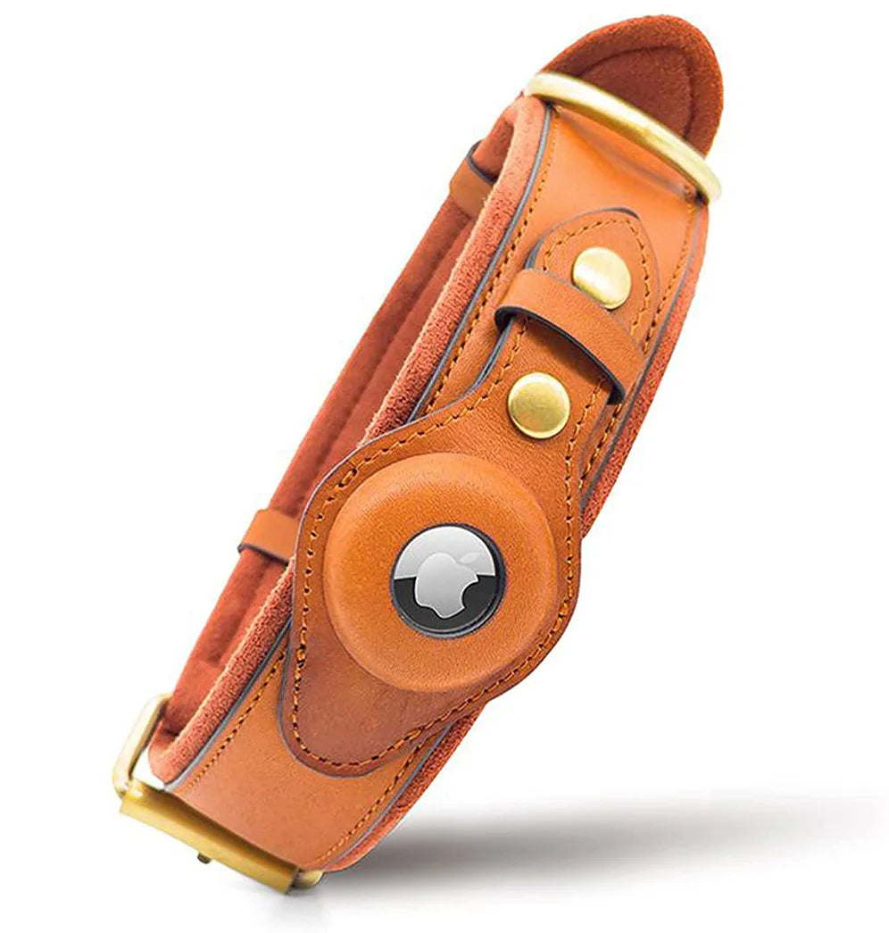 Pawfect find Heavy Duty Leather Dog Collar with Airtag Pocket - Tan