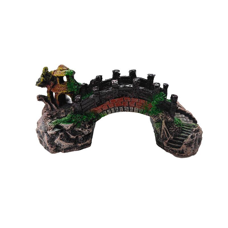 Aquarium Fish Tank Ornament Bridge Resin Rock Pavilion Tree Landscape Decoration - L:19*7*8.5CM