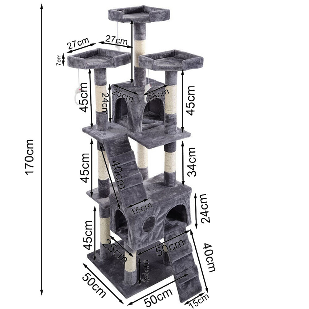 170cm Cat Tree Scratching Post Toy House Furniture Multilevel - grey