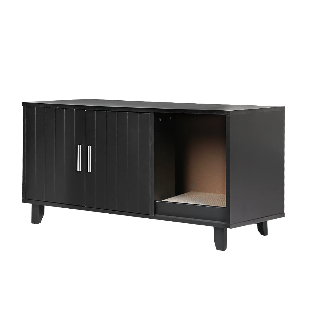 Enclosed Hooded Cat Litter Box Furniture Scratch Board Side Table- Black