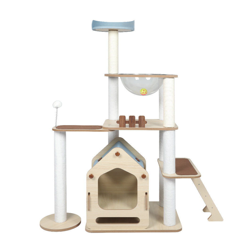 Cat Tree Scratching Post Scratcher Cats Tower Wood Condo Toys House 138cm - White