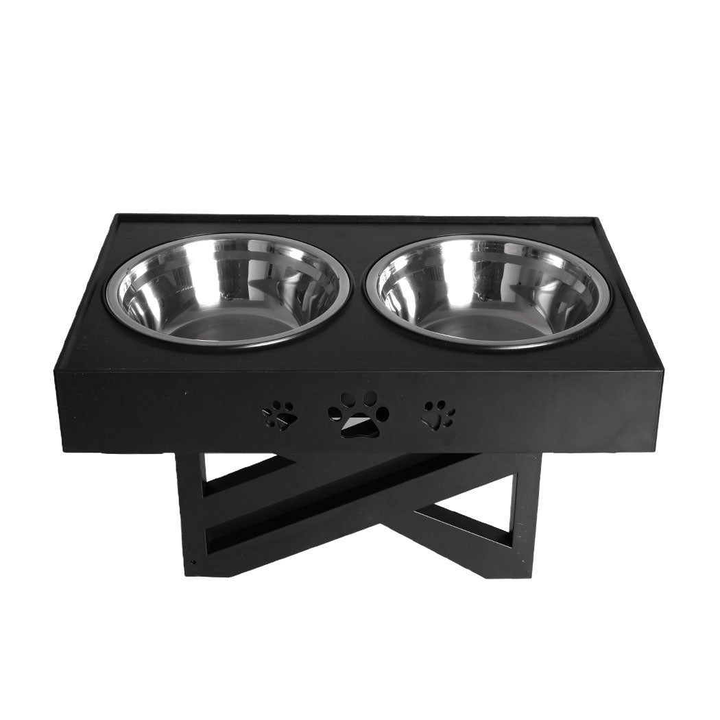 Elevated Pet Feeder Food Water Double Bowl Adjustable Height Raised Stand - Black