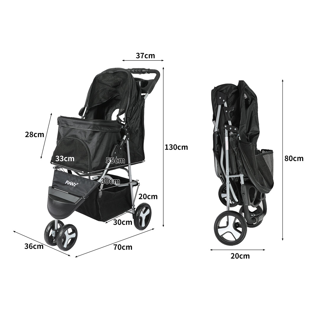 Pet Stroller 3 Wheels Dog Cat Cage Puppy Pushchair Travel Walk Carrier Pram - Black