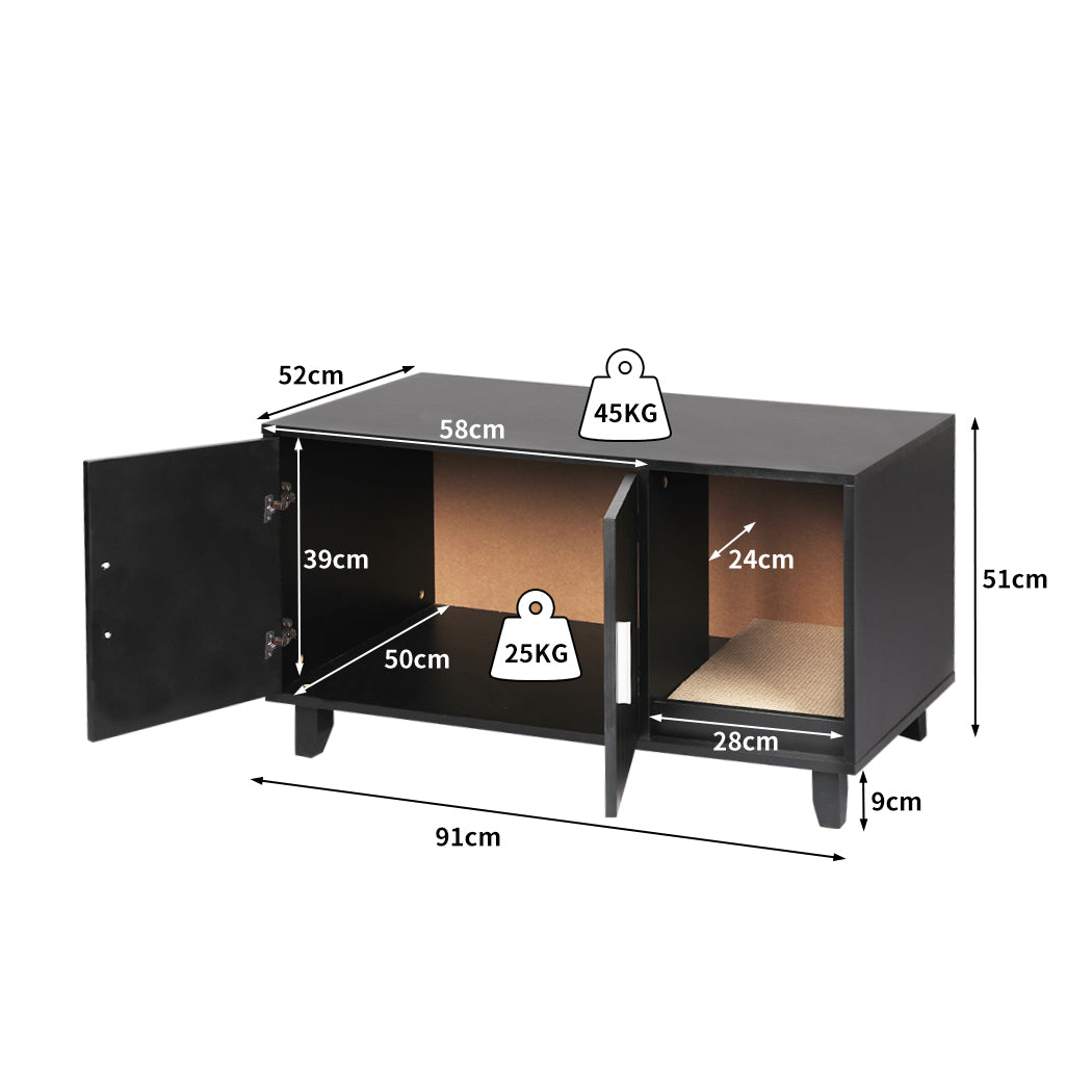 Enclosed Hooded Cat Litter Box Furniture Scratch Board Side Table- Black