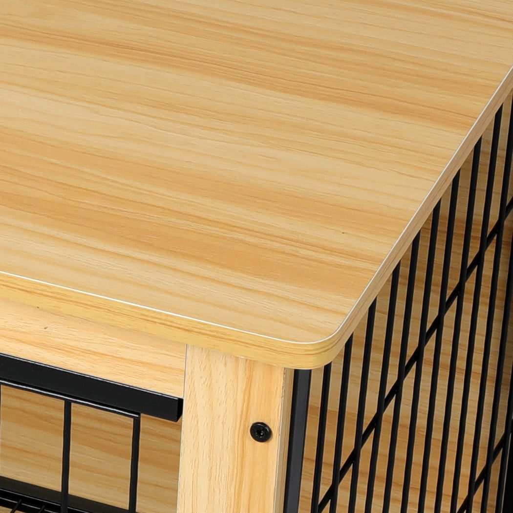 Wooden Wire Dog Kennel Side End Table Steel Puppy Crate Indoor Pet House M - Wood Medium