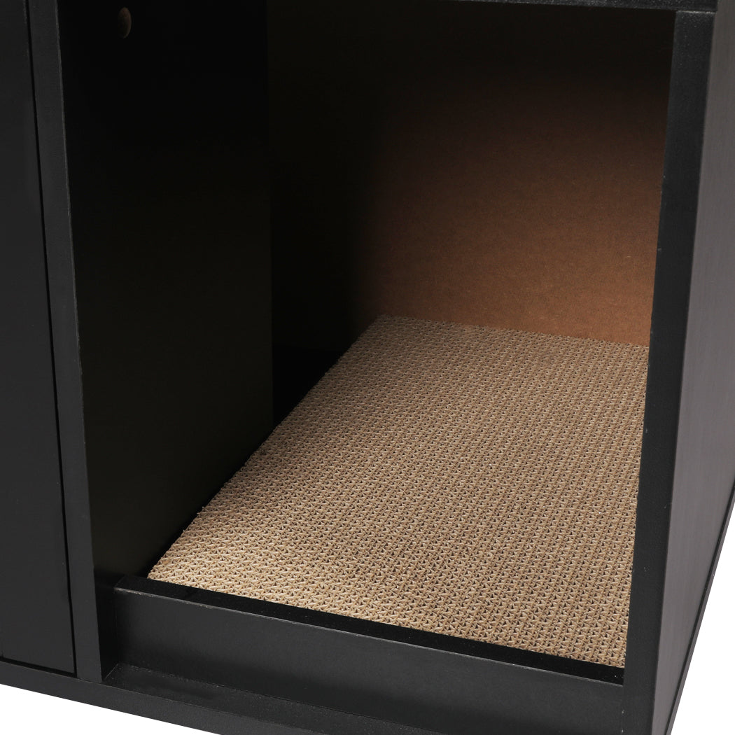 Enclosed Hooded Cat Litter Box Furniture Scratch Board Side Table- Black